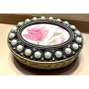 Jeweled Enamel Trinket Box w/ Picture Frame Lid Pearl Rhinestone Cottagecore